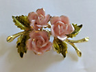 Coro Three Pink Porcelain Roses Enamel Leaves on Gold Tone Brooch