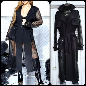 Chic Black Contrast Mesh Open Front Long Trench Coat M