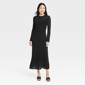 Women's Long Sleeve Maxi Pointelle Dress - A New Day Black M