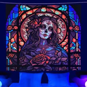 Blacklight Skull Tapestry Wall Hanging UV Reactive Skeleton Tapestry for Bed