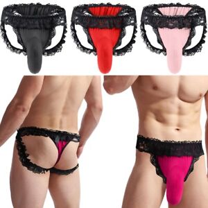 US Men Sexy Sissy Underwear Frilly Lace T-back Thongs Strappy Butt Pouch Panties
