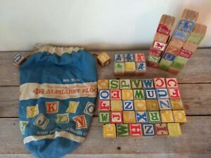 VTG Wood Childs Building Blocks Lot of 59 Alphabet, Pictures, Interlocking 1.25