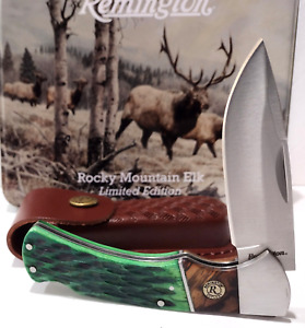 Remington Buck Elk Tin Green Jigged Bone Lockback Hunting Pocket Knife + Sheath