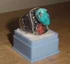 NATIVE AMERICAN NAVAJO VTG COIN SILVER RING W/HAND CARVED TURQUOISE FROG & CORAL