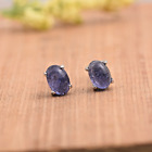 Natural Cabochons Tanzanite Oval Stud Earrings In 925 Sterling Silver Handmade.