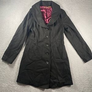 Bandolino Women's Black Button Up Over Trench Coat Large 3/4 Sleeve Wool Blend