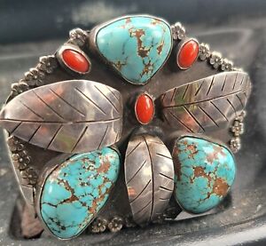 Vtg Old Pawn Navajo Red Coral Turquoise Sterling Cuff Bracelet Signed Jennette