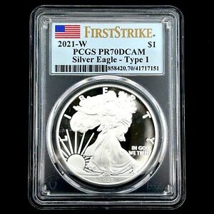 2021 W $1 First Strike American Silver Eagle .999 Fine PCGS PR70DCAM Type 1 Coin