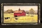 Primitive Country Print ~*RED BARN WITH COWS*~ black handmade frame 17 