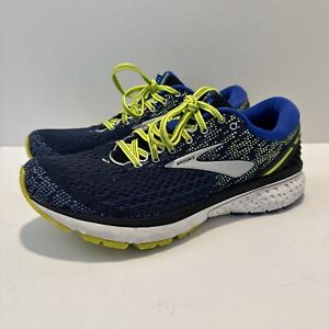 Brooks Mens Size 9.5D Ghost 11 Blue & Neon Green Running Shoes Yellow Navy