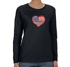 Womens American Flag Heart USA 4th of July Sequin Sequined Long Sleeve T-Shirt