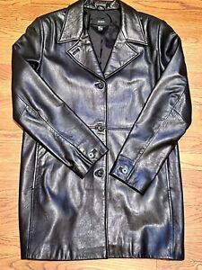 Long Soft Black Leather Jacket / Trench Coat. Large Alfani, 3 Button OuterWear