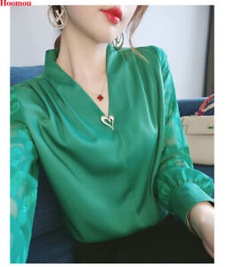 Korean Womens V-neck Chiffon Casual Career Business Elegant Shirts Tops Blouse