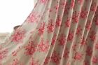 Antique French bed curtain panel 1850 floral pink GRAY grey cotton passementerie