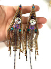 Vintage Earrings Clip On Chandelier Fringe Tassel  Huge Fantasy Crystal 80s