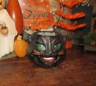 Halloween Black Cat Bucket Primitive Vtg Paper Mache Style Resin Jack-O-Lantern