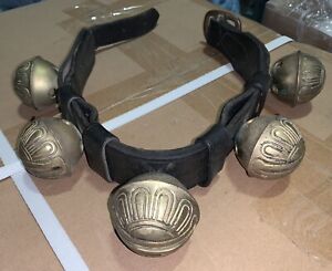 Antique *  Graduated Engraved Sleigh Bells on Nice 30” Leather Strap * 5 Bells *