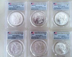 2021 MORGAN SILVER DOLLAR SET PCGS MS70 FIRST DAY OF ISSUE FLAG LABEL 6 COIN SET
