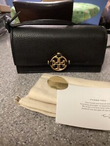 NWT AUTH Tory Burch Miller Logo Pebbled Leather Wallet CrossBody Bag In Black