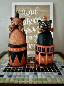 Primitive Kathy Johanna Parker Small Hoot Owl Halloween Cat Candy Boxes Folk Art