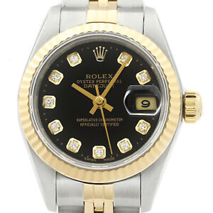 Rolex Ladies Datejust 69173 18K Gold & Steel Black Diamond Dial Two Tone Watch