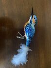 Vintage Hand Blown Blue Glass Bird Ornament Wildlife Animal Christmas Feather
