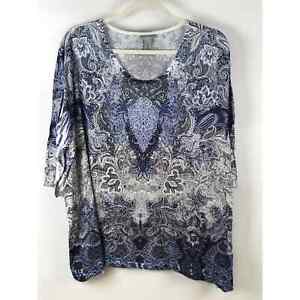 Catherines 3/4 Sleeve Blue Floral Print Embellished Tunic Top Size 4X Scoop Neck