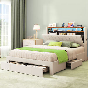 Queen Bed Frame w/ Storage Upholstered Headboard&4 Drawers&LED&Charging Station