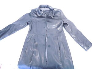 Reaction Kenneth Cole Leather Jacket Trench Long Coat Black Women Size Small