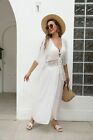 Bathing Suit Cover Up Lace Boho Beach Maxi Summer Bikini Sundress Dress - White
