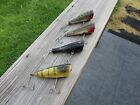 4 Old Wooden Fishing Lures, Top Water, Similar Size, Hooks, & Rigs, 3 Glass Eyes