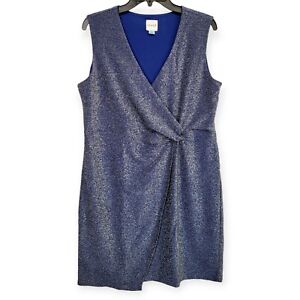 Serra Sleeveless Faux Wrap Dress Size L Navy Blue Silver Metallic Sparkle Party