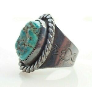 Vintage Signed Navajo Fred Harvey Era Old Pawn Turquoise Sterling Ring Sz 10.25