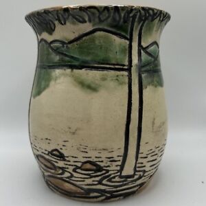 New ListingVintage Hand Thrown Pottery Piece With Lake Mountain Water Scene