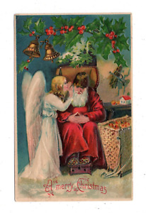 EMBOSSED SANTA CLAUS IN RED, ANGEL WHISPERS IN HIS EAR, TOYS, B.W. PUB ~ 1910s