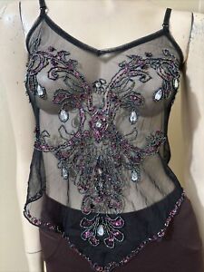 Women’s Black Polyester Party Summer Open Stretch Beaded Sheer Size M/L Blouse