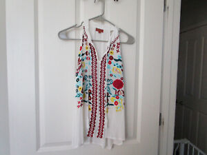 Scully Womens Floral Boho Embroidered White Gauze Tank Top - Size Large