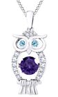Owl Pendant Necklace Round Simulated Amethyst & Sapphire  14K Gold Plated