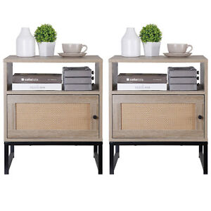 Set of 2 Wooden Bedside End Table Accent Table with Storage Drawers Metal Legs