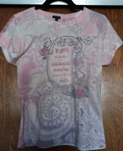 Yukiko  pink fleur paris Shirt Women's L  Rhinestone Tee bust 40
