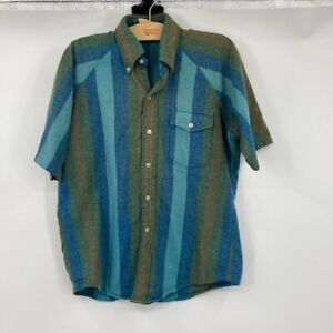 Vintage 70s Kennington Button Down Shirt Mens Size Medium Green Blue Striped
