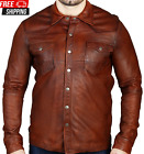Mens Full Sleeve Leather Shirt Cowboy Real Leather Summer Leather Jacket Trucker
