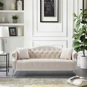 Chesterfield Velvet Sofa Couch Button Tufted Loveseat with Pillows Metal Legs