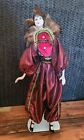 Vintage Harlequin Jester Porcelain doll Maroon Red & Gold with Feathers 20” EVC