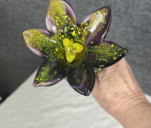 Art Glass Hand Blown Flowers Long Stem 19 inches Murano Style Purple/Yellow Spla