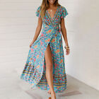 Womens Boho Floral V-Neck Long Dress Summer Beach Slit Holiday Swing Sundress