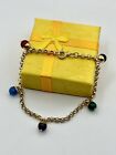 14k solid yellow gold Rollo Chain Charm Bracelet with multicolor balls / baubles