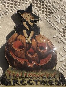 Bethany Lowe Designs Halloween Greetings Witch Pumpkin Cat Wood Sign Easel Stand