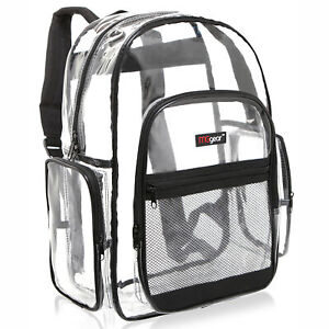 Clear Transparent PVC Multi-pockets School Backpack, Black Trim See Thru Bookbag