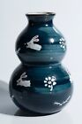 Vintage blue bunny rabbit and flower pottery vase sake container Small 5” Easter